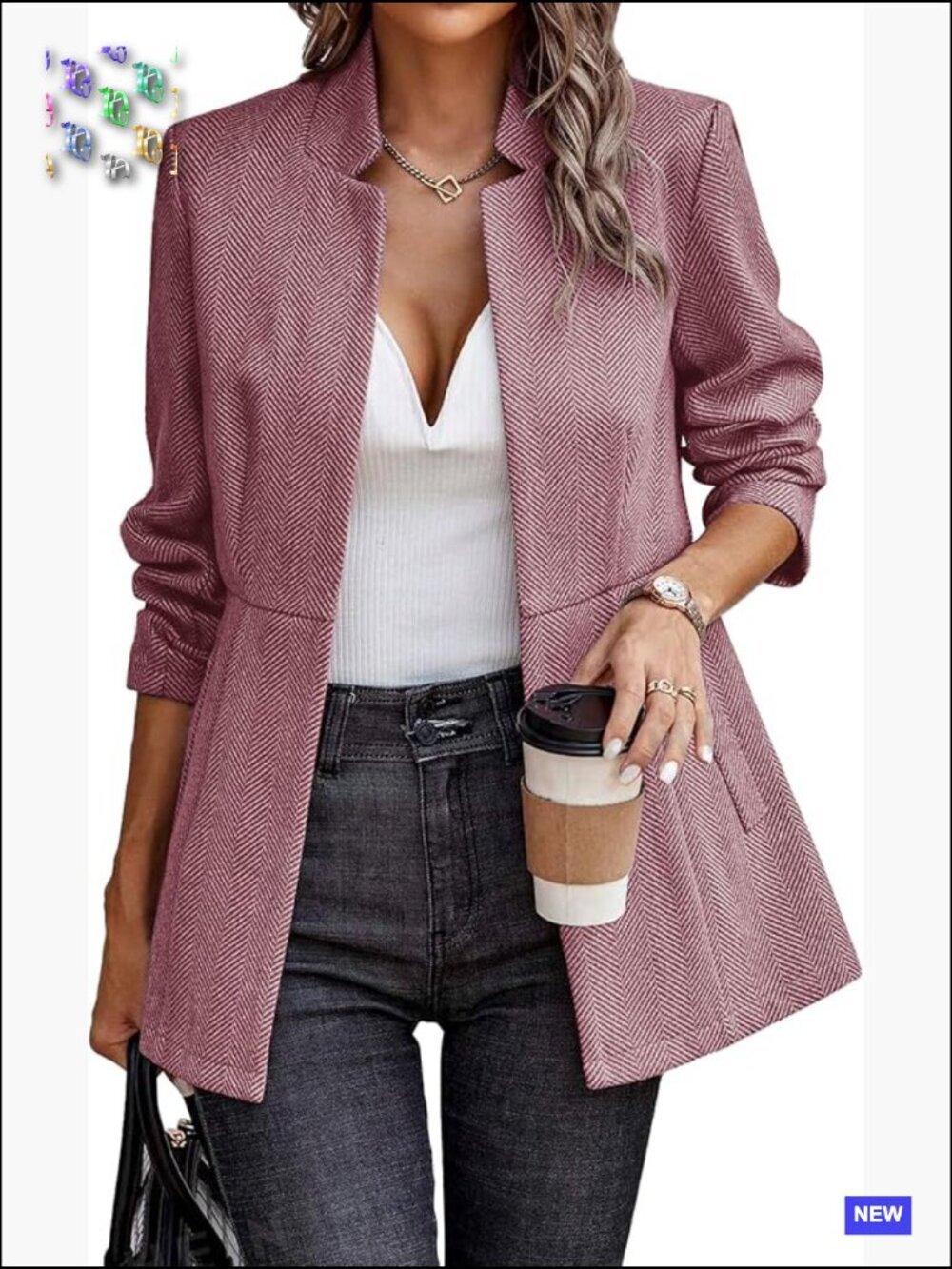 Herringbone Blazer Open Front Business Casual Long Sleeve Work Jacket
